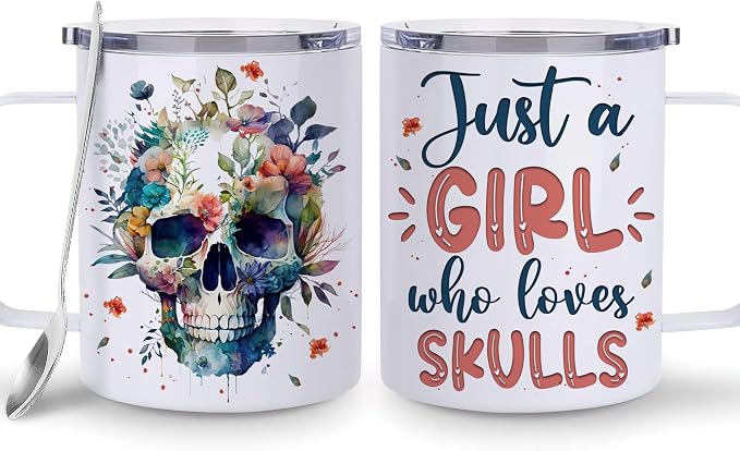 Hyturtle Skull Cup Gifts Skull Lovers - Just A Girl Who Loves Skulls Coffee Mug Stainless Steel 12oz - Goth Gifts For Women - Cute Gothic Lover Gift For Her, Girls, Daughter On Birthday Christmas by Hyturtle