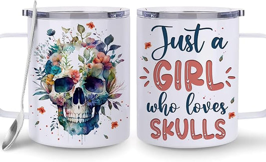 Hyturtle Skull Cup Gifts Skull Lovers - Just A Girl Who Loves Skulls Coffee Mug Stainless Steel 12oz - Goth Gifts For Women - Cute Gothic Lover Gift For Her, Girls, Daughter On Birthday Christmas by Hyturtle