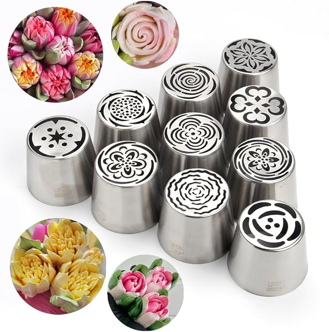 10 Pieces Extra Large Stainless Steel Seamless Russian Piping Tips Set,Flower Icing Nozzles with 1 Cleaning Brush,1 Reusable Pastry Bag for Making Marshmallows,Cupcakes Bouquet,Pastry Baking Tools