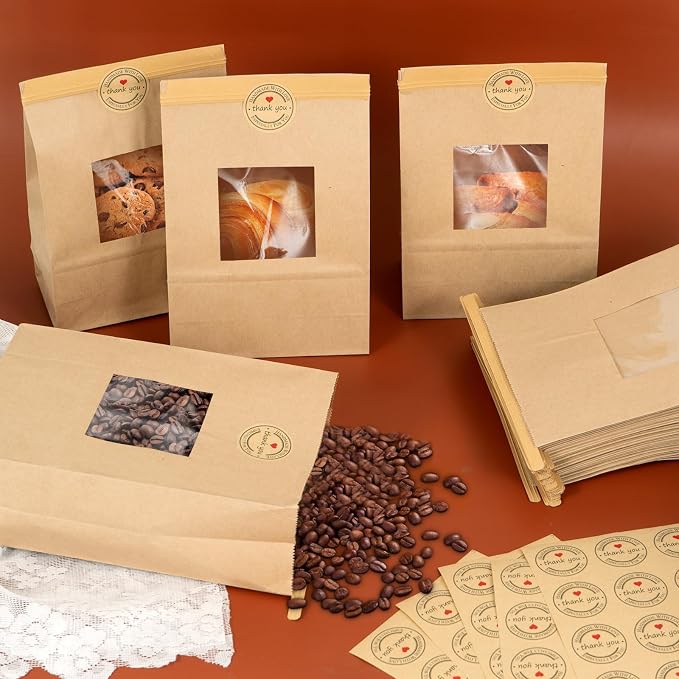 25-Piece Kraft Paper Bags with Window, Tin Tie Tab Locks and Free Stickers (5.9'L x 2.8'W x 9'H) for Food Storage - Image 5