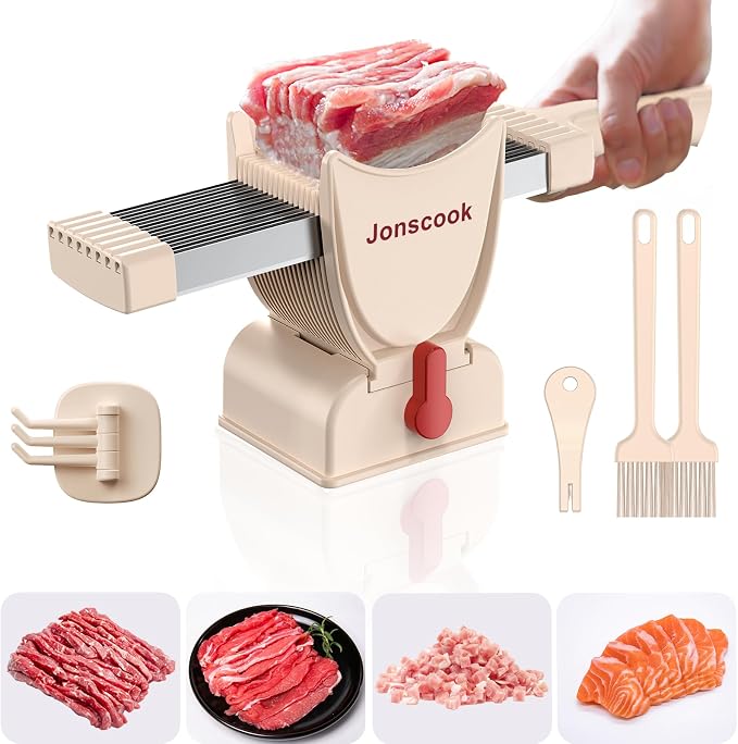 Fresh Meat Slicer, Manual Fresh Meat Cutter, Meal Prep Ideas, Adjustable Thickness 2mm or 4mm, 17 Blades get 18 Meat Slices, Meat Cleavers can be Sliced, Striped, Diced -Pink by Jonscook