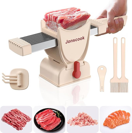Fresh Meat Slicer, Manual Fresh Meat Cutter, Meal Prep Ideas, Adjustable Thickness 2mm or 4mm, 17 Blades get 18 Meat Slices, Meat Cleavers can be Sliced, Striped, Diced -Pink by Jonscook