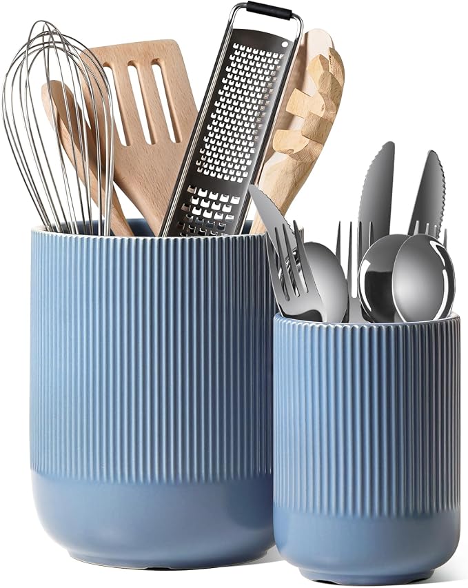 LE TAUCI Utensil Holder for Kitchen Counter, 7.3"+5.4" Fluted Ceramic Utensil Crock Organizer for Countertop, Heavy Large Holder for Spatulas, Spoons, Set of 2, Dusty Blue by LETAUCI