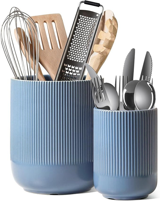 LE TAUCI Utensil Holder for Kitchen Counter, 7.3"+5.4" Fluted Ceramic Utensil Crock Organizer for Countertop, Heavy Large Holder for Spatulas, Spoons, Set of 2, Dusty Blue by LETAUCI