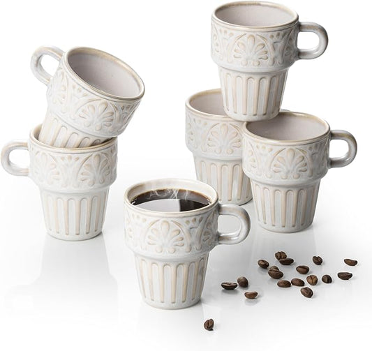 LYEOBOH Cappuccino Cups, Espresso Cups, Coffee Mugs Set of 6, Ceramic Cup, 6 OZ Beige Stackable Mug Set of 6, Easy To Clean Comfortable Handle for All Ages, Great for Party Dinner & Festival Gifts by LYEOBOH