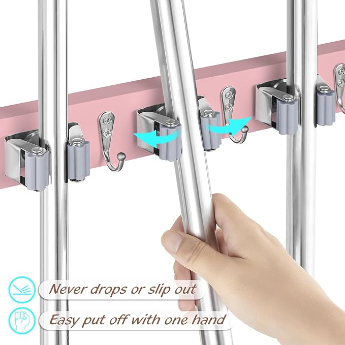 OUTNILI Pink Mop Broom Holder Wall Mount with 4 Slots & 4 Hooks - Wood Broom Mop Hanger for Pantry Closet Laundry Room Kitchen Organization - for Pink Kitchen Decor and Accessories - Image 2