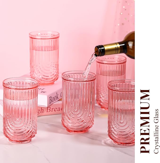 Pink Vintage Drinking Glasses Set of 6-17oz Hand-Blown Highball Ribbed Glassware, Arch Design Cocktail Glasses for Whiskey Water Beverages Ice Coffee Juice Milk - Image 5