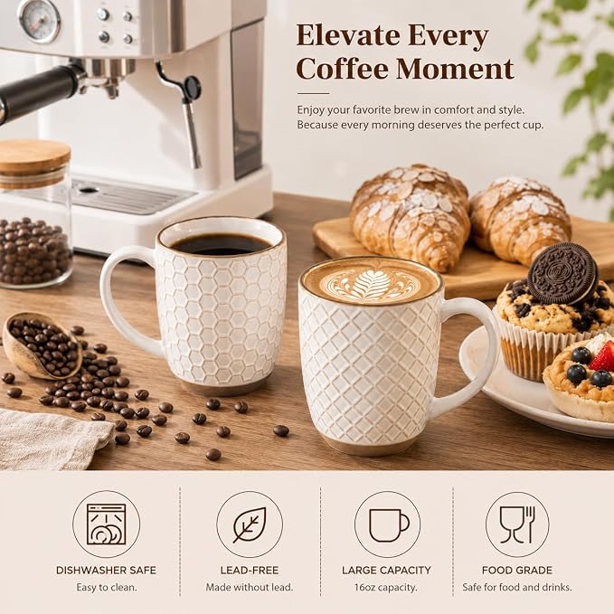 GBhome Large Coffee Mugs Set of 4, 16oz Handmade Embossed Coffee Mugs Set with Large Handle for Cappuccino/Latte/Tea/Hot Cocoa, Dishwasher & Microwave Safe, Off White - Image 3