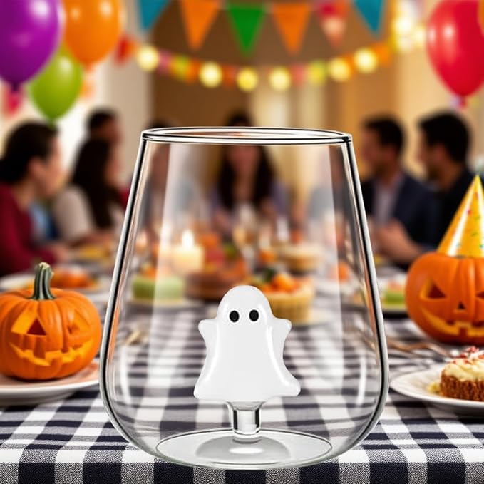 Halloween Wine Glasses, Ghost and Pumpkin Stemless Wine Glasses | Clear Spooky Drinking Cups for Dinner Party Birthday Holiday, Cute Fun Fashioned Decorated Unique Glassware Gift - Image 4