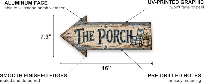 The Porch Left-Pointing Arrow Sign — Die-Cut Metal Directional Wall Decor | barnwood look, rustic, durable print, ready to hang - Image 2