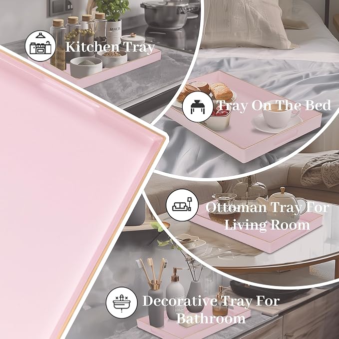 MAONAME Pink Decorative Tray for Coffee Table, Serving Tray with Handles | Plastic Melamine Tray, Modern Ottoman Tray, Rectangular Countertop Organizer Tray for Living Room, 15.8"L x 10.2"W x 1.4"H - Image 7