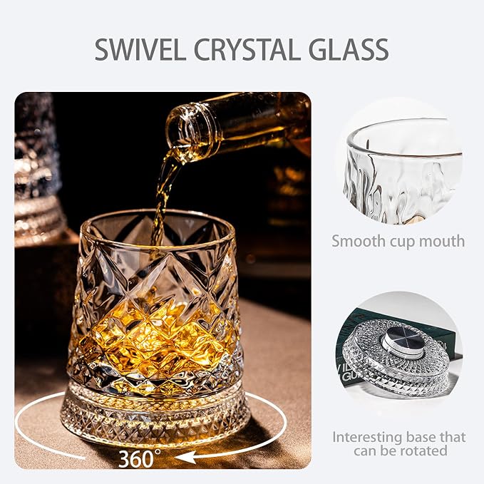 360 Degree Rotating Whiskey Glass Set with Ice Ball Mold, Crystal Clear Bourbon Scotch Glassware for Men, Fun & Novelty Gifts (Pattern 8) - Image 2