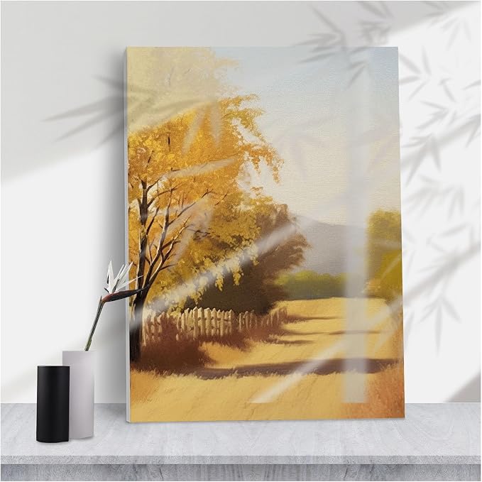 Warm Golden Autumn Country Road Canvas Print,Soft Sunlit Rural Lane for Cozy Farmhouse or Neutral Living Room Home Decor,8''x12'' Framed Modern Canvas Wall Art by Unknown