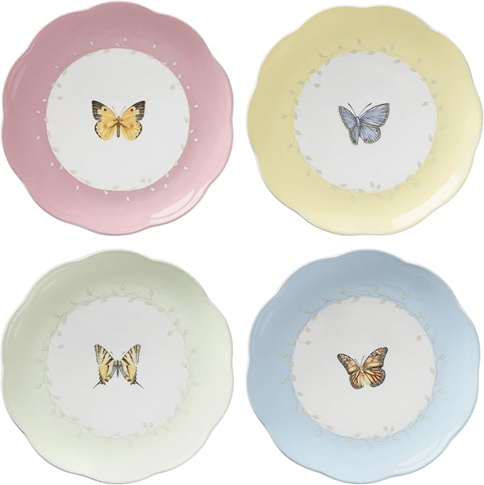 Lenox Dessert Plate Set, Lenox Butterfly Meadow Colors Collection 4-Piece Dessert Porcelain Plates Set, Service For 4, Dishwasher & Microwavable Plate, Small Plates, Home And Dining(Assorted, 4 Piece) by Lenox