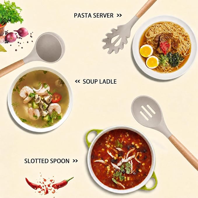 MIBOTE Silicone Cooking Kitchen Utensils Set, Wooden Handle, Khaki | BPA-Free, Non-Toxic Silicone Turner, Tongs, Spatula, Spoon Set – Great for Nonstick Cookware, Heat-Resistant, Easy Clean - Image 4