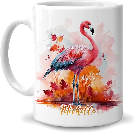 Hyturtle Personalized Fall Flamingo Maple Leaves Coffee Mug, Autumn Décor | Birthday Gifts For Flamingo Lovers - Fall Gift Ideas For Farmhouse Thanksgiving Custom Name 11oz White Ceramic Coffee Tea Mug by Hyturtle