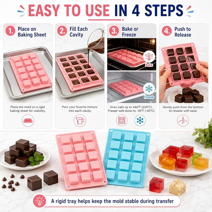 2 Pack Square Cube Silicone Mold, 30 Cavity 1.4" Food-Grade BPA Free Heat Resistant Baking Mold for Chocolate, Cake, Truffle, Jello, Brownie, Ice Cube, Soap - Image 7
