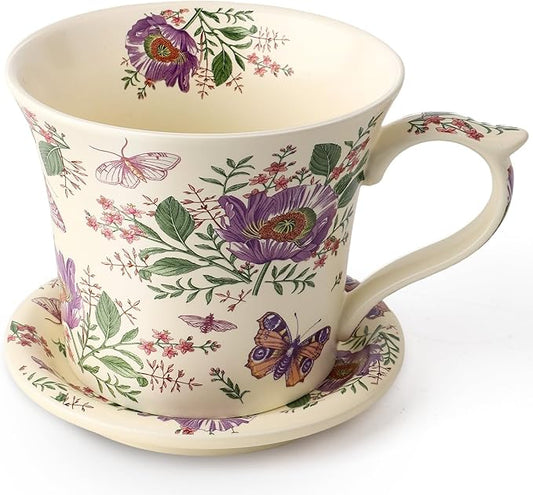 DOWAN 14 OZ Tea Cup & Saucer Set, Floral Mug with Lid, Ceramic Cappuccino/Latte Mug for Women, One Set by DOWAN