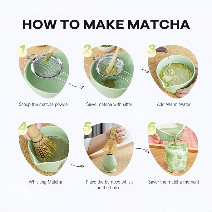 Ceremony Matcha Kit with Bamboo Scoop, Whisk, Holder, Sifter, Chawan Ceramic Bowl with Spout, 5 Pcs Green Matcha Whisk Set-High End Matcha Gift Set Made in Japan for Matcha Lovers and Starters