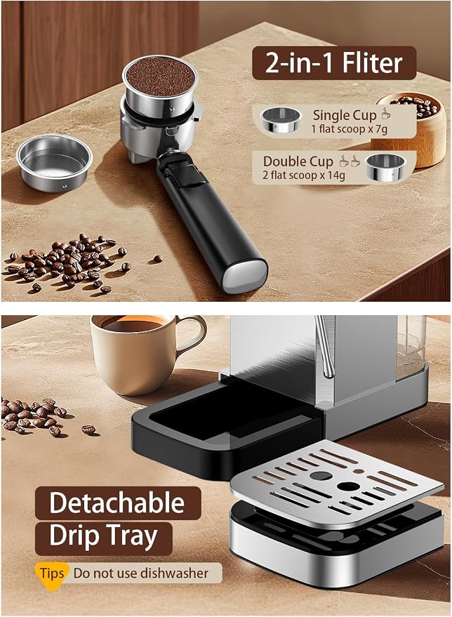 KEENSTAR Espresso Machine 20 Bar Coffe Maker with Rapid Cold Brew, Compact Espresso Maker for Hot and Cold Cappuccino, Latte, Stainless Steel Coffee Machines with 1200ml Removable Water Tank - Image 7