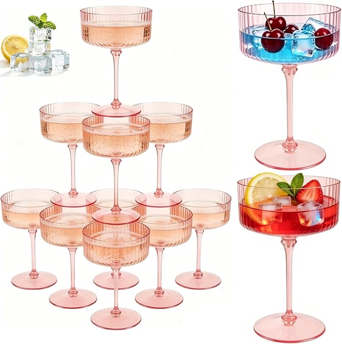 PLULON 12 Pcs Pink Champagne Martini Glasses Set 10 Oz Plastic Ribbed Coupe Cup, Cocktail Glasses Champagne Cup Tower Vintage Margarita Glassware for Clubs Gifts Wedding Bachelor Party Outdoor Events by PLULON