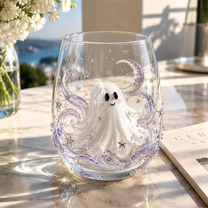 3D Halloween Artisan Glassware Collection, Premium Handleless Glass with Ghost, Pumpkin, Spider & Black Cat Gothic Style Artistic Glass Wine Goblet Designs, for Party & Cozy Fall Home Bar (C) by Unknown
