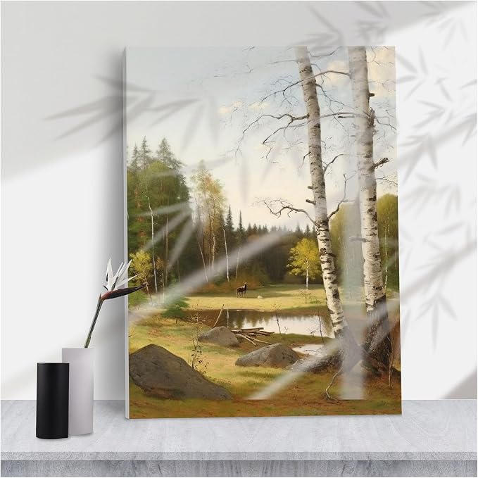 Serene Birch Tree Forest Pond Wall Art,Vintage Landscape Deer Rocks for Calm Living Room or Rustic Cabin Home Decor,8''x12'' Framed Modern Canvas Wall Art by Unknown