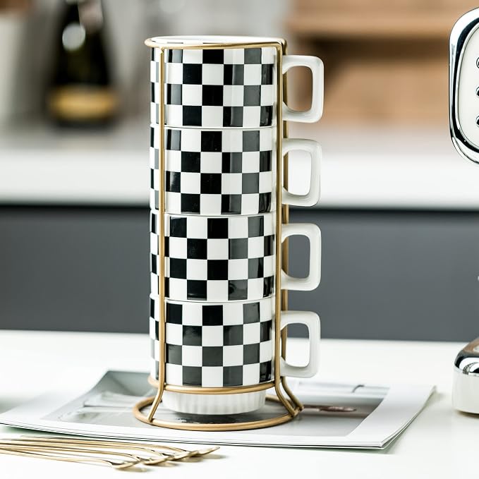 Miamolo Stackable Coffee Mug Set of 4 with Rack and Spoons, Space-saving | 11 oz, Ceramic | Checkered Black and White Pattern | for Coffee Tea Cocoa Milk, Housewarming Gift | Dishwasher Microwave Safe - Image 3