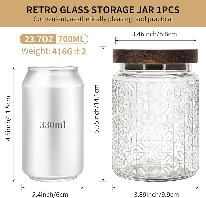 1Pc 24oz Window Style Vintage Glass Candy Jar with Solid Wood Lid, Kitchen Storage Canister for Sugar, Coffee, Tea, Cookies, Bath Salt - Decorative Mason Jar (1, Clear, 24oz) - Image 2