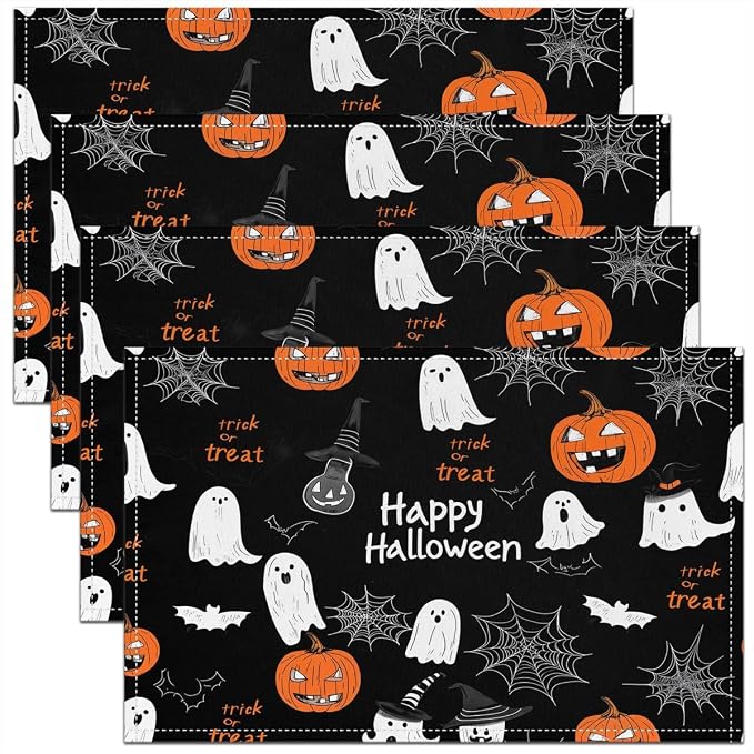 Feelyou Happy Halloween Placemats Set of 4 Ghost Pumpkin Table Mats for Party Kitchen Dining Decoration Holiday Seasonal White Black Orange Place Mat for Dinner Table Indoor Outdoor 18"x12" Cobweb by Feelyou