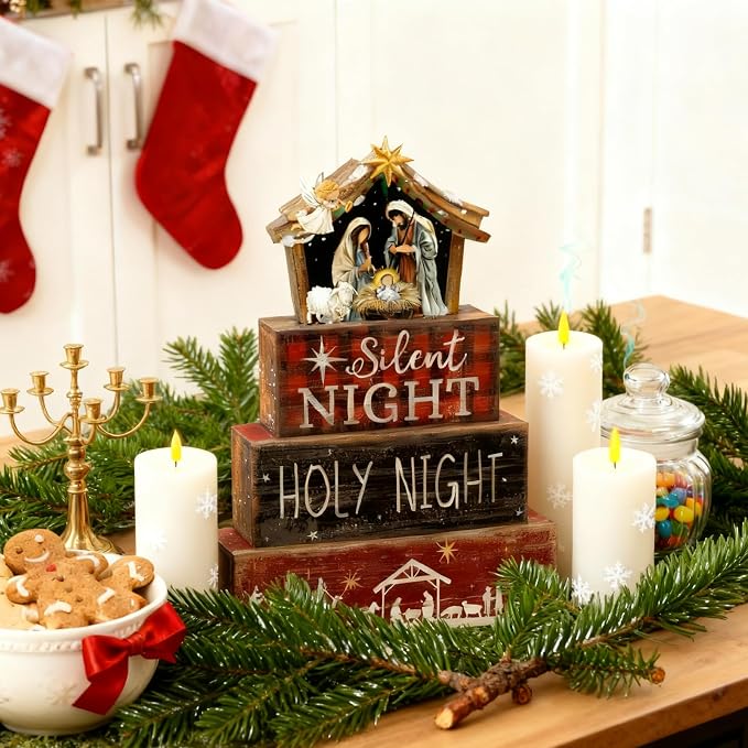 Moucuny 4 Pcs Christmas Table Decor Wooden Christian Religious Decoration Nativity Scene Centerpiece Holy Night Tiered Tray Decor Red and Black Buffalo Plaid Block Signs Xmas Decoration for Kitchen - Image 6