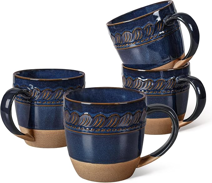 Artena Ceramic Coffee Mugs Set of 4, 16oz Embossed Large Latte Mugs Coffee Cups with Handle for Tea, Latte, Cappuccino & Cocoa, Milk Dishwasher & Microwave Safe, Blue (Willow Leaf) by Artena