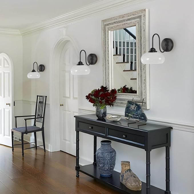 Modern Matte Black Wall Sconce Farmhouse 7.9" Milk White Glass Globe Wall Lamp for Industrial Style Hard-Wired Semi Flush Mount Wall Light Fixture for Stairway, Hallway, Bedroom - Image 7
