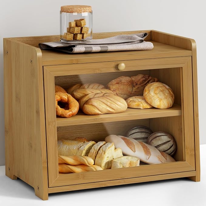 Goozii Bamboo Bread Box for Kitchen Countertop, Wooden Kitchen Counter Organizers and Storage for Bread, Coffee, Spices, Snacks, Wood Vintage Breadbox Container for Cabinet, Bedroom, Bathroom by Goozii