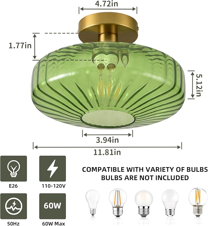 Semi Flush Mount Ceiling Light,11.8 Inch Vintage Green Glass Ceiling Light Fixture,Art Deco Kitchen Lighting Fixtures Ceiling for Hallway Porch Bedroom Bathroom Dining room,E26 Base(Bulb Not Included) - Image 3