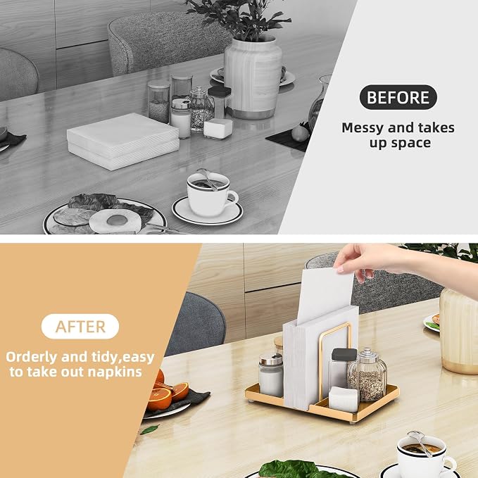 Gold Napkin Holder for Table with Salt and Pepper Shakers Caddy | Metal Napkin Holder, Standing Paper Napkin Storage for Kitchen Dining Table Decor - Image 4