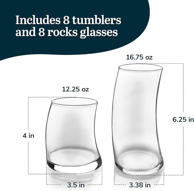 Libbey Swerve Drinking Glasses Set of 16, Chip-Resistant Tumbler and Rocks Glass Cups Set, Fun, Edgy Everyday Drinking Glasses for Special Events - Image 3