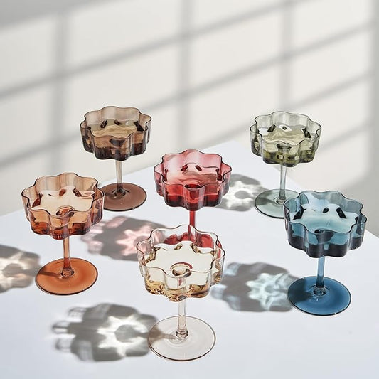 Flower Scalloped Vintage Wavy Petals Wave Glass Coupes 7oz Colorful Martini, Champagne & Cocktails, 6 Set Muted Pastel Shades Rippled Champagne Glasses, Elegant Bar Glassware, Aesthetic Cute Coupe by Khen