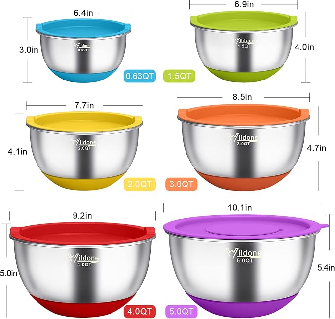 Wildone Mixing Bowls with Airtight Lids, Stainless Steel Mixing Bowls Set | Metal Bowls with 3 Grater Attachments & Non-Slip Bottom, Size 5, 4, 3, 2,1.5, 0.63QT, Includes Utensil Set for Prep, Colored - Image 2