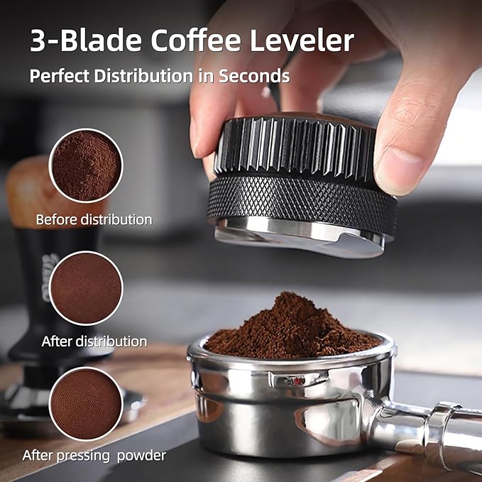 Bincoo 51mm Espresso Distributor Hand Tamper - Adjustable Coffee Leveler Tool for 51mm Portafilter, Walnut Wood Lid, 3-Slope Base Adjustable Depth Espresso Distributor for Barista