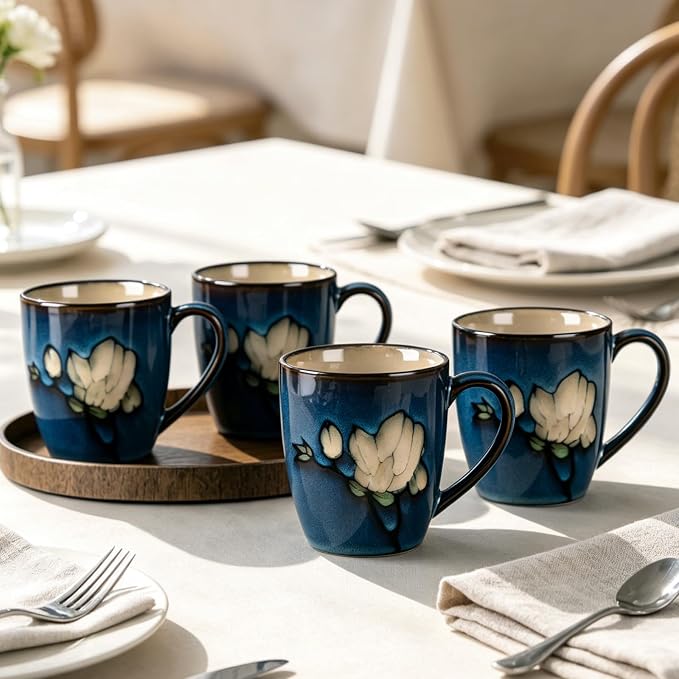 12oz Coffee Mugs Set of 4, Hand-Painted Floral Stoneware Cups with Handle, Dishwasher Microwave Oven Safe, Cappuccino Mugs for Latte, Tea, Espresso & Hot Cocoa, for Home Kitchen & Cafe, Dark Blue - Image 2