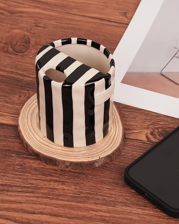 Coffee Mug Espresso Cup 10oz Ceramic Coffee Mugs Porcelain Coffee Cup Hand-Painted Striped Art Multiple Use for Kitchen, Dining-Black - Image 7