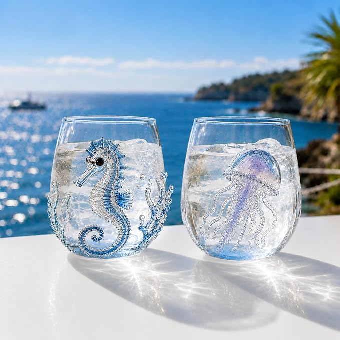 Coastal Stemless Wine Glasses Set of 4, 12oz 3D Ocean Animal Artisan Glassware Collection with Unique Sea Life Designs (L - Set of 2) by Lifmagic