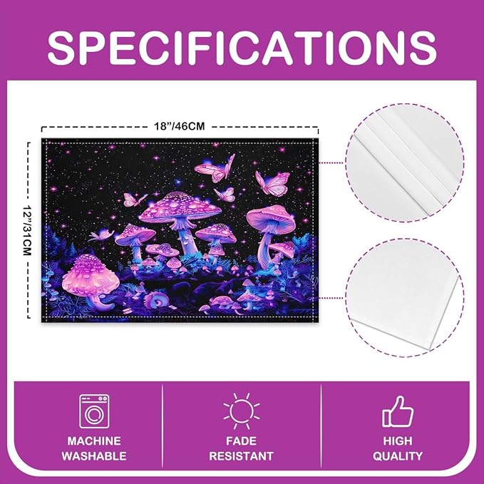 Feelyou Colorful Mushroom Table Place Mats 18"x12" Butterfly Placemats Set of 4 Wild Mushroom Stuff Placemat for Kitchen Dining Table Decor Indoor Outdoor Cute Mushroom Decor Table Place Mats Astral - Image 4