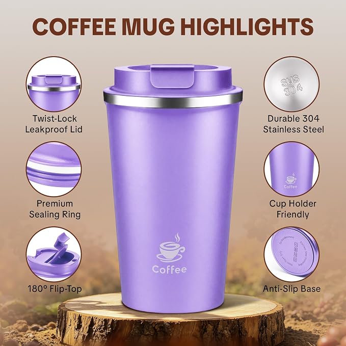 17oz Travel Coffee Mug ,Leakproof Vacuum Coffee Cup Insulated Tumbler | 304 Stainless Steel, Double-Wall Vacuum Insulated, Leakproof, Fits Hot & Cold Drinks Car Cup Holders, Travel, Office - Image 3