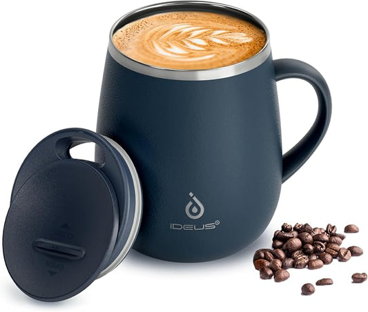 Ideus 16 oz Insulated Coffee Mug with Handle and Lid, Double Wall Stainless Steel Vacuum Thermal Coffee Mug, Travel Coffee Cup Thermal Cup for Home and Office, Navy Blue 2.0 by IDEUS