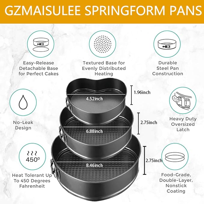 Springform Cake Pan Set of 3 (4, 7, 9 Inch) Heart Leakproof Nonstick Cheesecake Pans with Removable Bottom Carbon Steel Bakeware - Image 2
