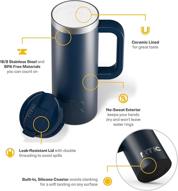 RTIC 20oz Road Trip Travel Mug with Lid and Handle, Ceramic Lined, Insulated, Stainless Steel, Metal, Double Wall Vacuum-Insulation, Portable Coffee, Tea Cup for Hot and Cold Drink, Navy - Image 3