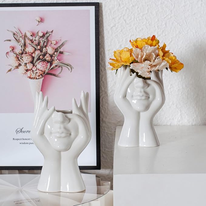 Face Flower Vase,White Ceramic Body Vase, Decorative Vase Dining Table Centerpiece,Modern Small Vase for Coffee Table Bathroom Shelf Living Room Decor 3.54'' W X 7.3'' H - Image 6