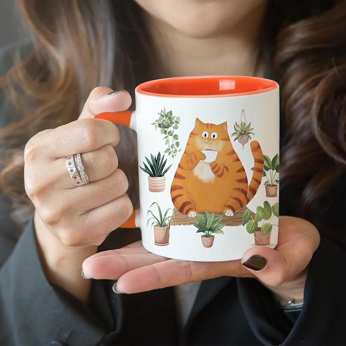 Hyturtle Cute Orange Cat Coffee Mug Gifts For Cat Mom, Plant Decor Gifts | Birthday Christmas Gift for Plant Lovers, Gardeners, Premium 11oz Two Tone Orange Ceramic Tea Cup, Perfect for Daily Drinks - Image 2